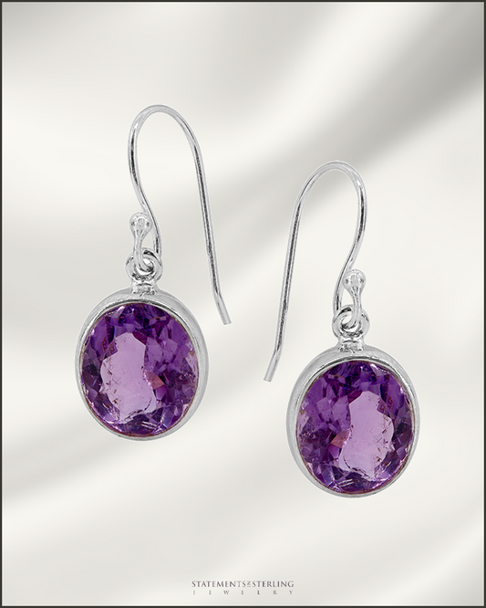 Gemstone and Sterling Silver Oval Earrings in Amethyst
