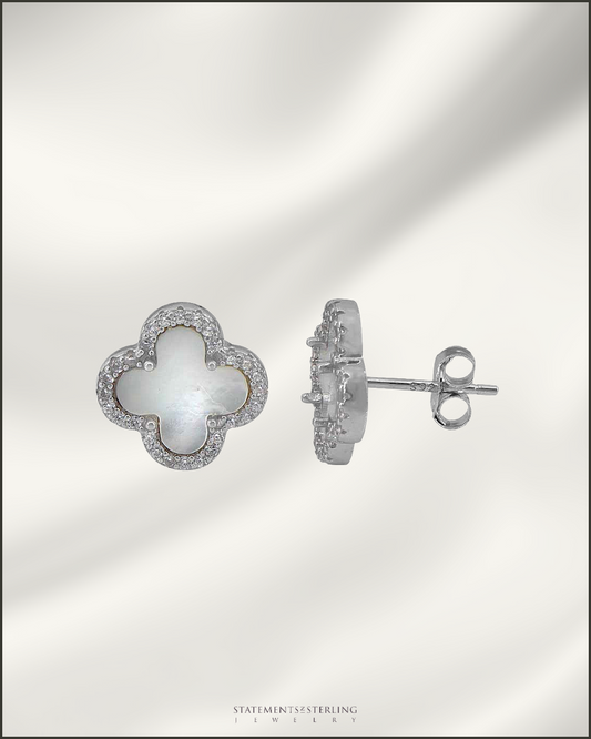Sterling Silver Clover Stud Earrings in Pearl