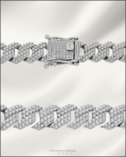 Italian Sterling Silver Miami Cuban Chain with Cubic Zirconia in Rhodium - 12mm