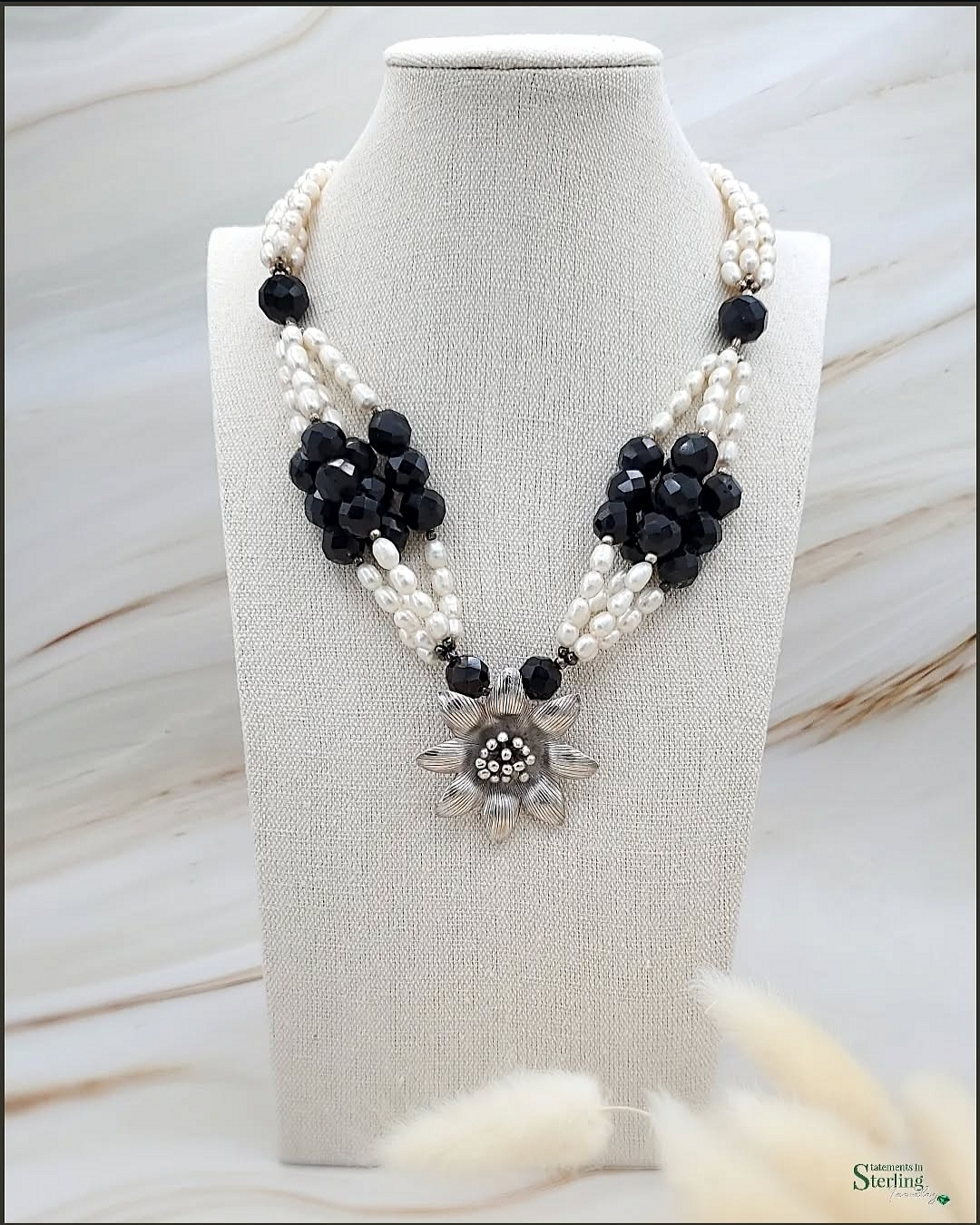 Black Onyx and Freshwater Pearl Sterling Silver Flower Necklace