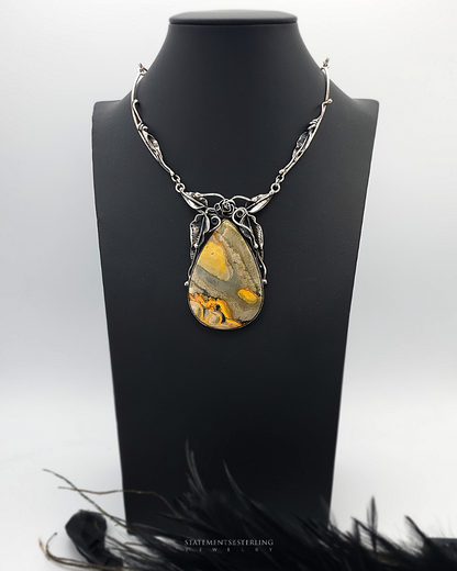 Bumblebee Jasper and Sterling Silver Leaves Necklace