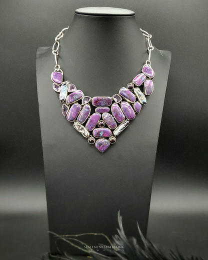 Purple Copper Turquoise, Amethyst, Biwa Pearl and Sterling Silver Necklace