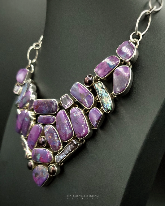 Purple Copper Turquoise, Amethyst, Biwa Pearl and Sterling Silver Necklace
