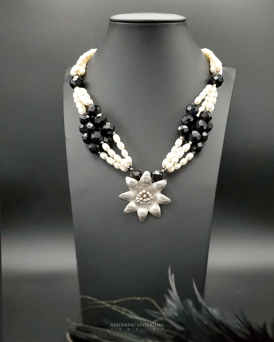 Black Onyx and Freshwater Pearl Sterling Silver Flower Necklace