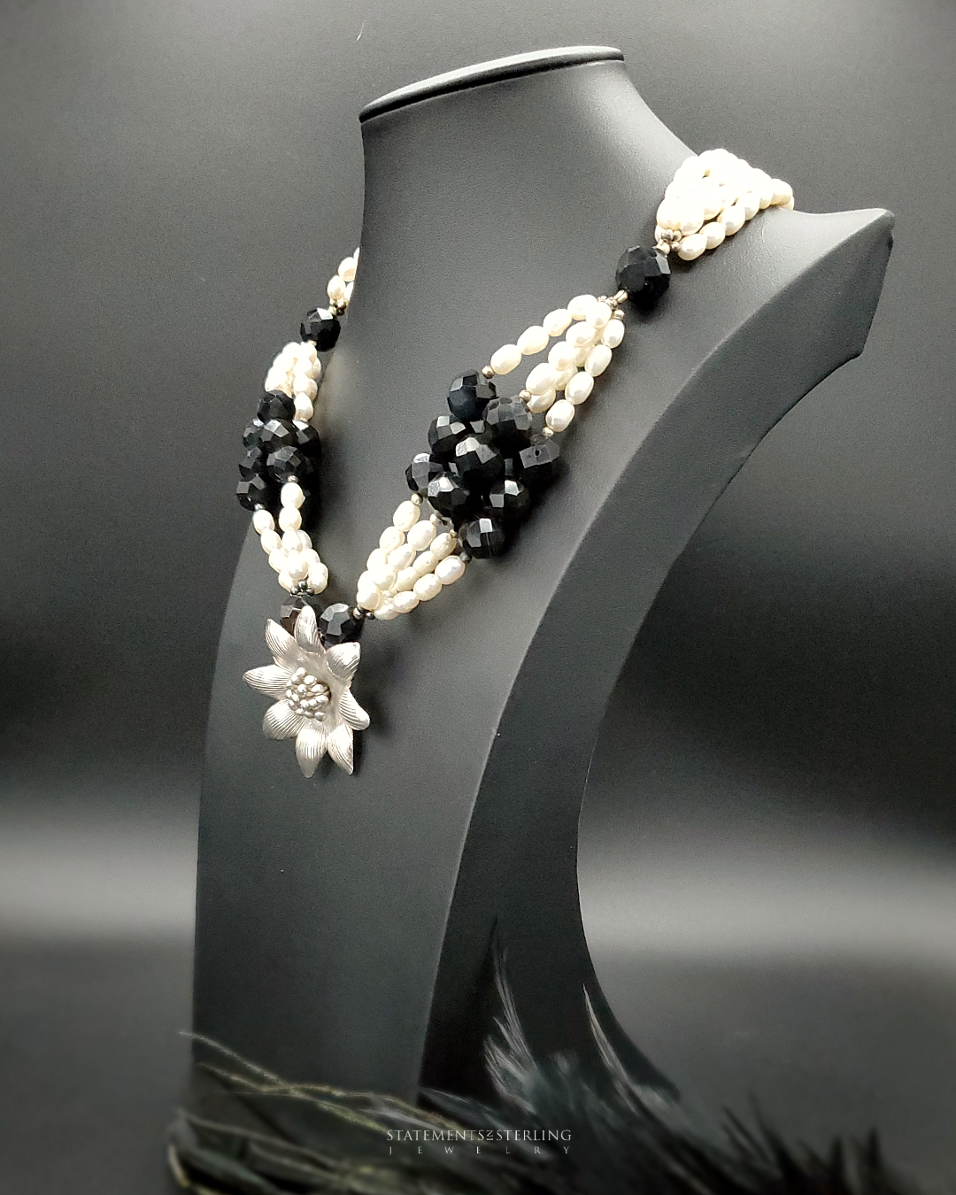 Black Onyx and Freshwater Pearl Sterling Silver Flower Necklace