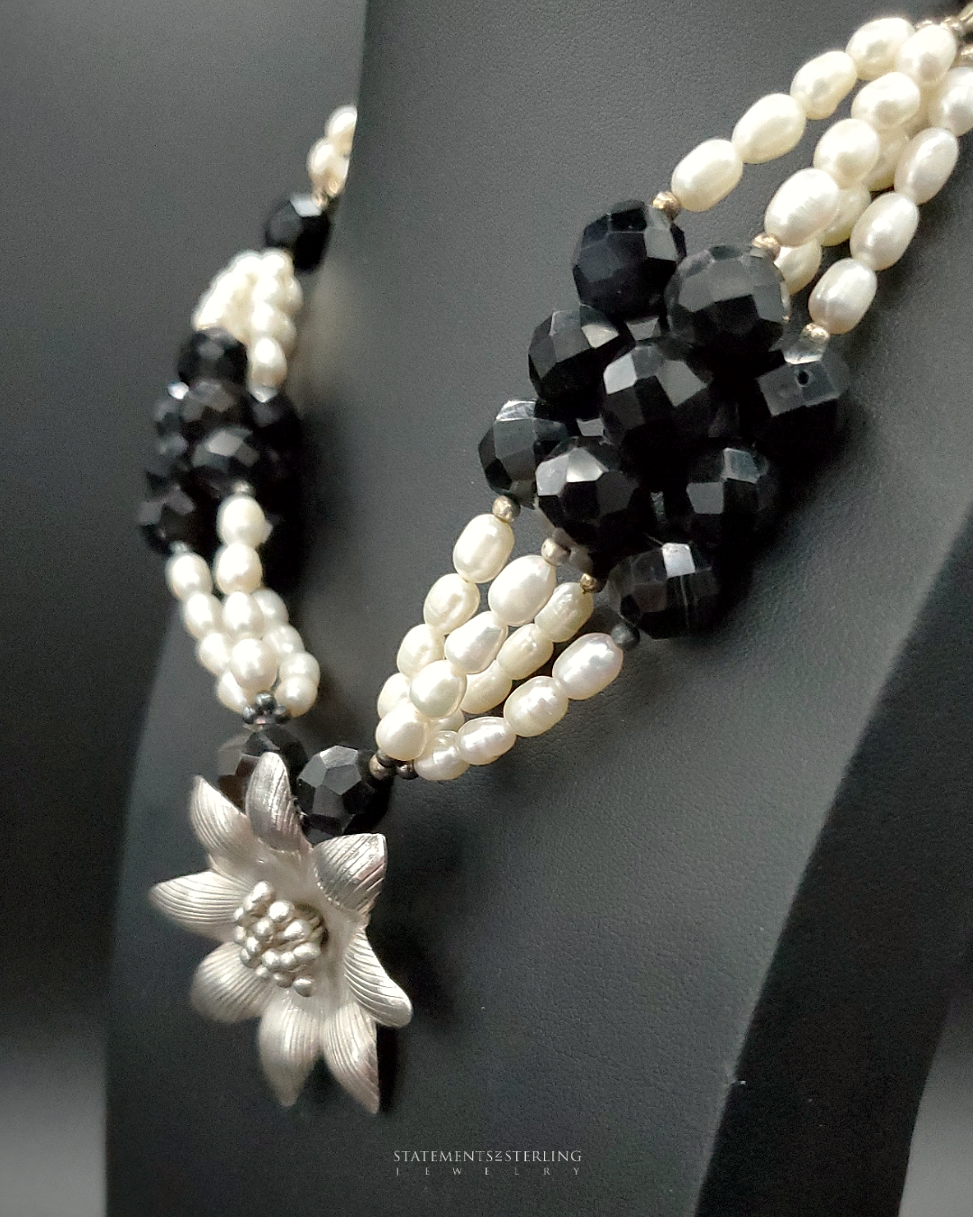 Black Onyx and Freshwater Pearl Sterling Silver Flower Necklace