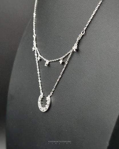 Sterling Silver Horseshoe Cubic Zirconia Layered Necklace
