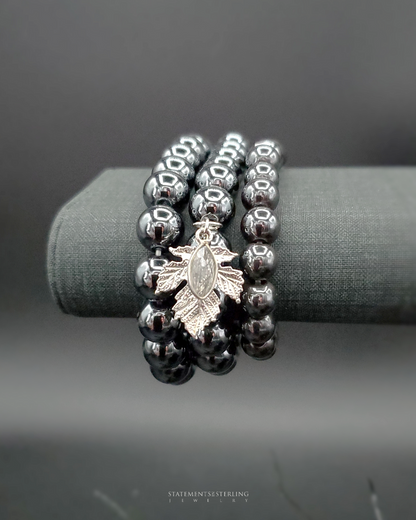 Hematite and Sterling Silver Beaded Leaf Bracelet Set