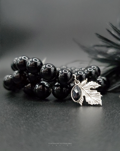 Black Obsidian and Sterling Silver Beaded Leaf Bracelet Set