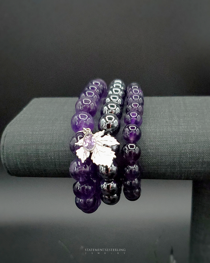 Amethyst, Hemetite and Sterling Silver Beaded Leaf Bracelet Set