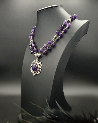 Purple African Amethyst, Swiss Blue Topaz and Sterling Silver Necklace