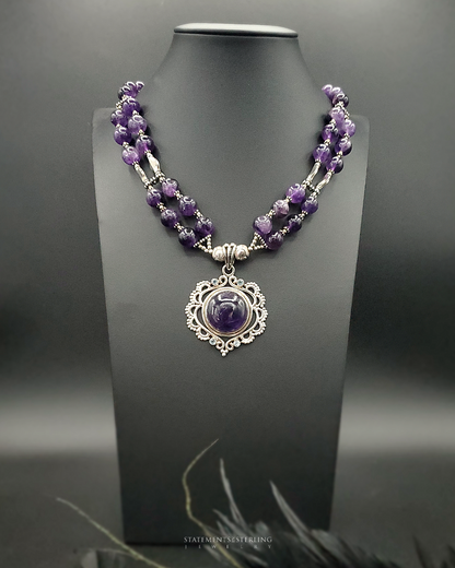 Purple African Amethyst, Swiss Blue Topaz and Sterling Silver Necklace