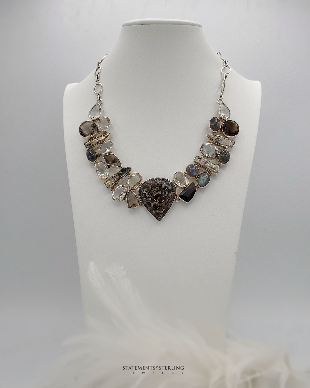 Crinoid Fossil and Multi Gemstone Sterling Silver Stunner Necklace