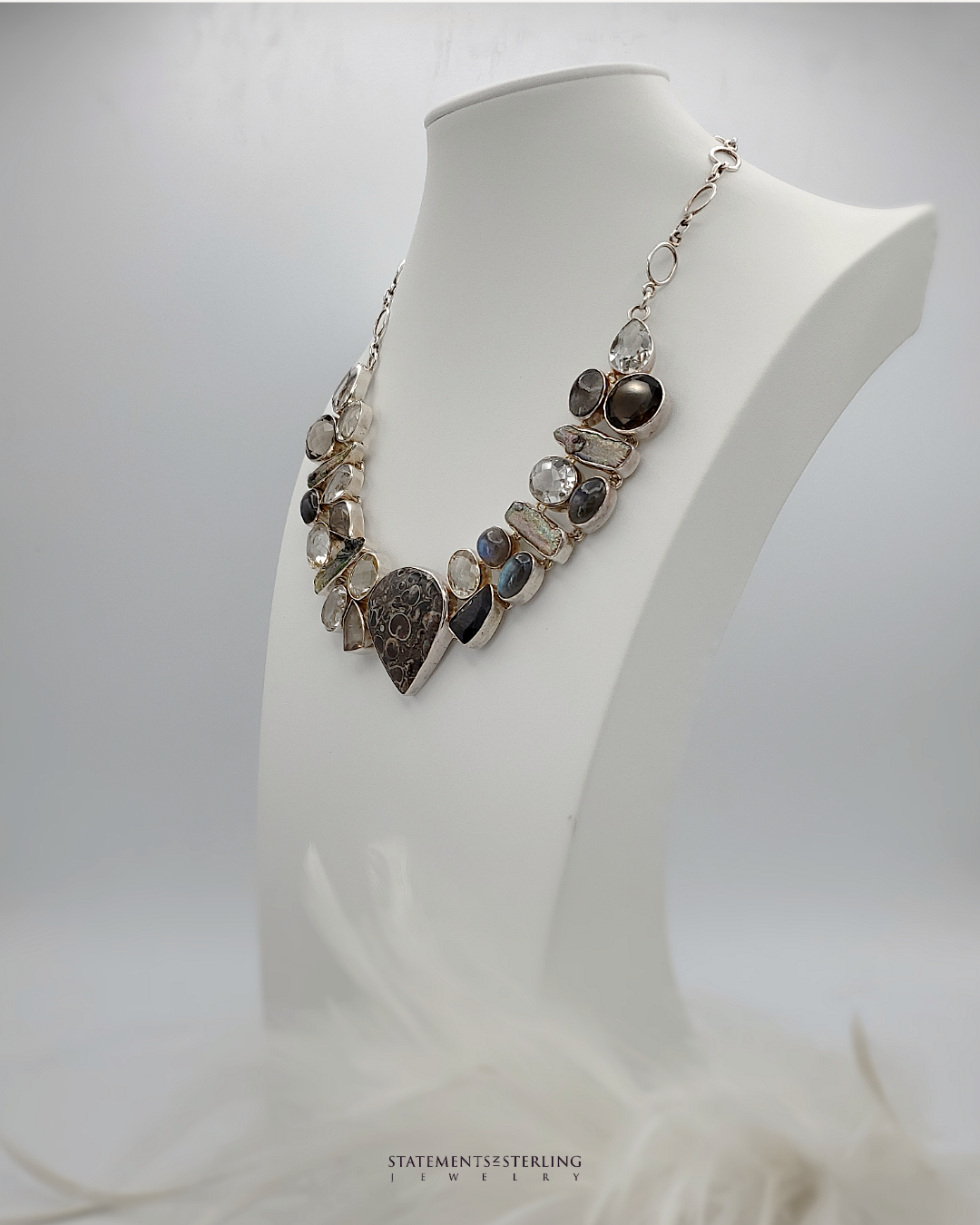 Crinoid Fossil and Multi Gemstone Sterling Silver Stunner Necklace