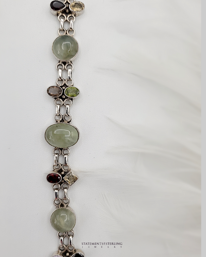 Moss Prehnite and Multi-Gem Sterling Silver Bracelet