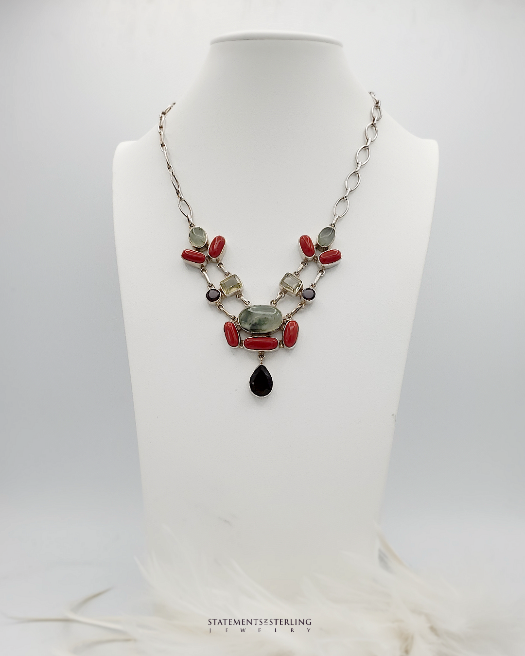 Moss Prehnite Cabochon and Gemstone Sterling Silver Necklace and Earrings Set