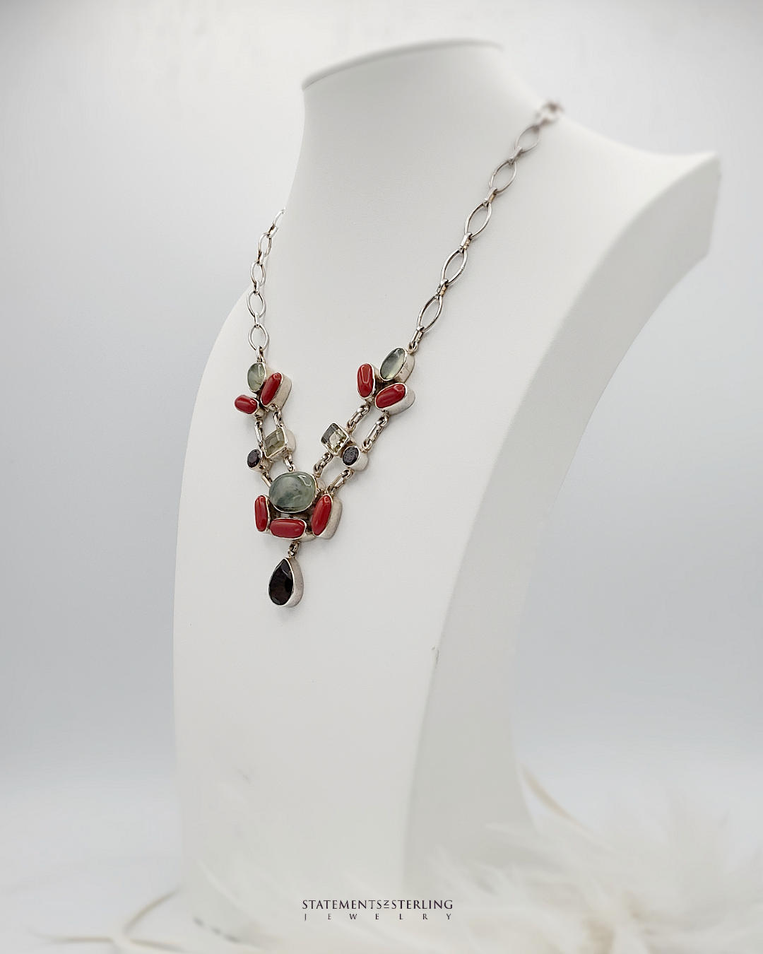 Moss Prehnite Cabochon and Gemstone Sterling Silver Necklace and Earrings Set