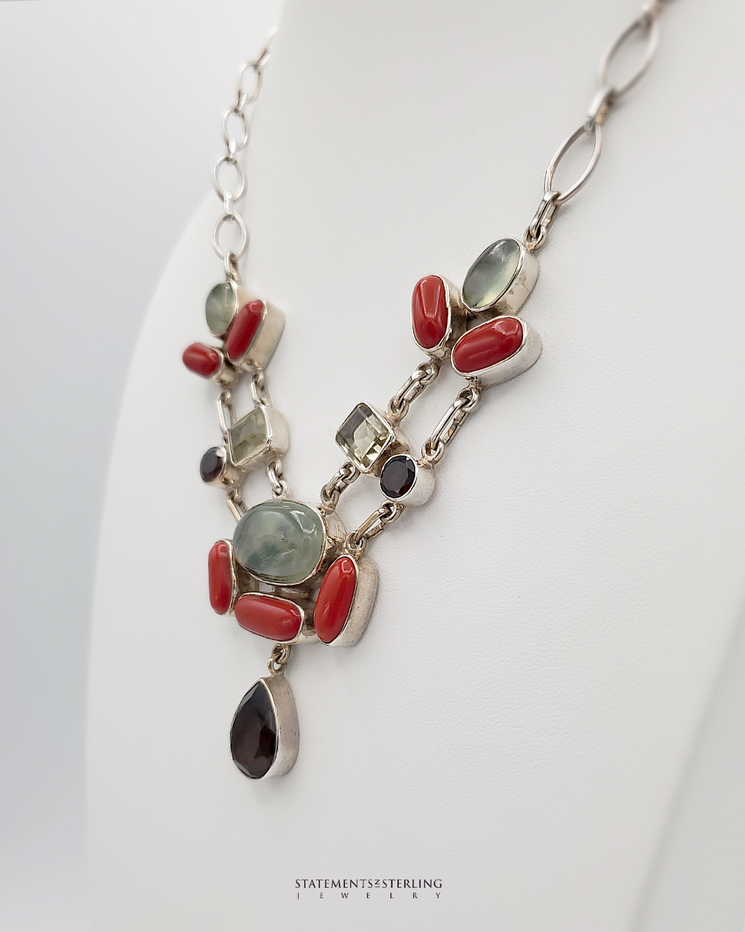Moss Prehnite Cabochon and Gemstone Sterling Silver Necklace and Earrings Set