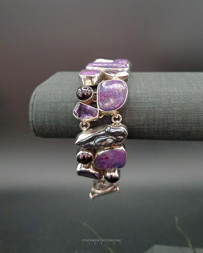 Purple Copper Turquoise, Amethyst, Biwa Pearl and Sterling Silver Bracelet