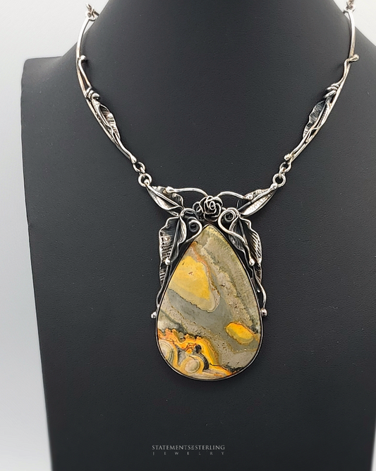 Bumblebee Jasper and Sterling Silver Leaves Necklace