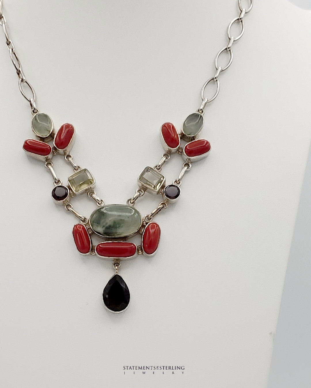 Moss Prehnite Cabochon and Gemstone Sterling Silver Necklace and Earrings Set