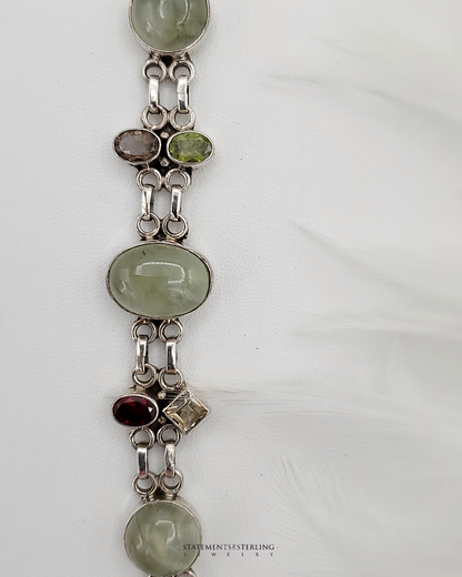 Moss Prehnite and Multi-Gem Sterling Silver Bracelet