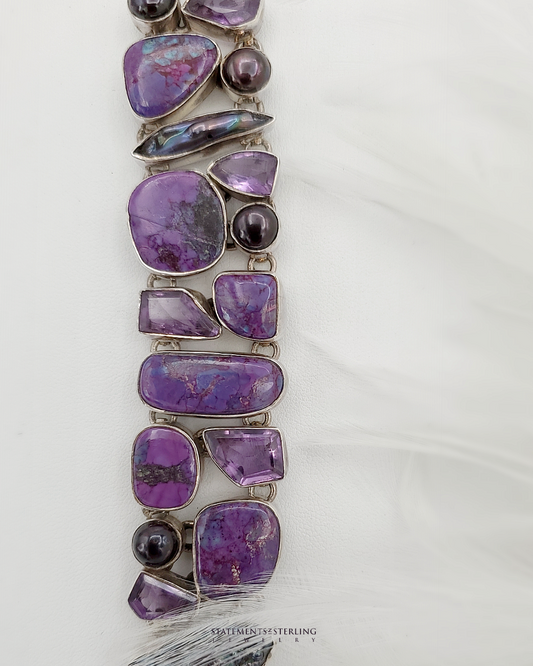 Purple Copper Turquoise, Amethyst, Biwa Pearl and Sterling Silver Bracelet