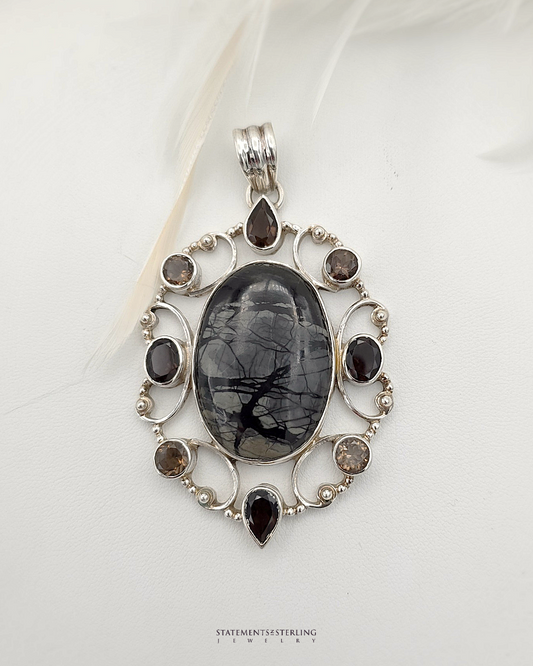 Smoky Quartz and Picasso Jasper Sterling Silver Pendant