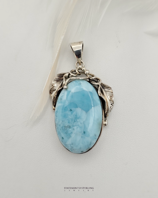 Caribbean Larimar and Sterling Silver Leaves Pendant