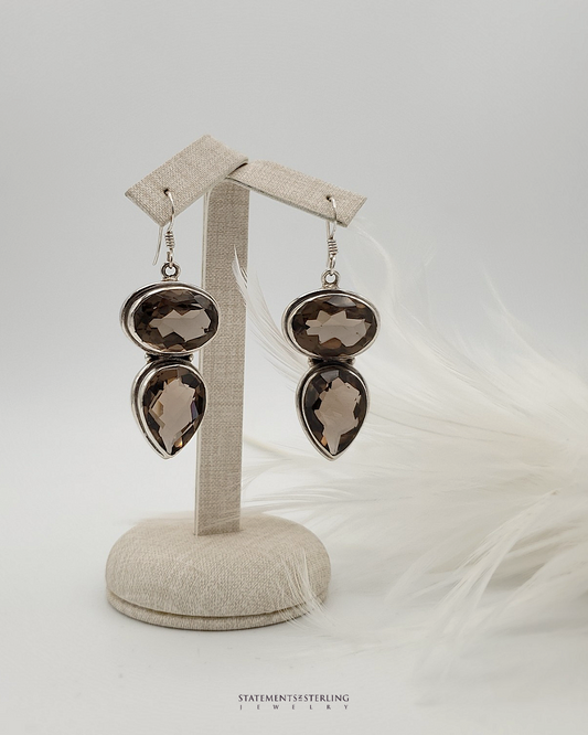 Smoky Quartz and Sterling Silver Two Stone Earrings