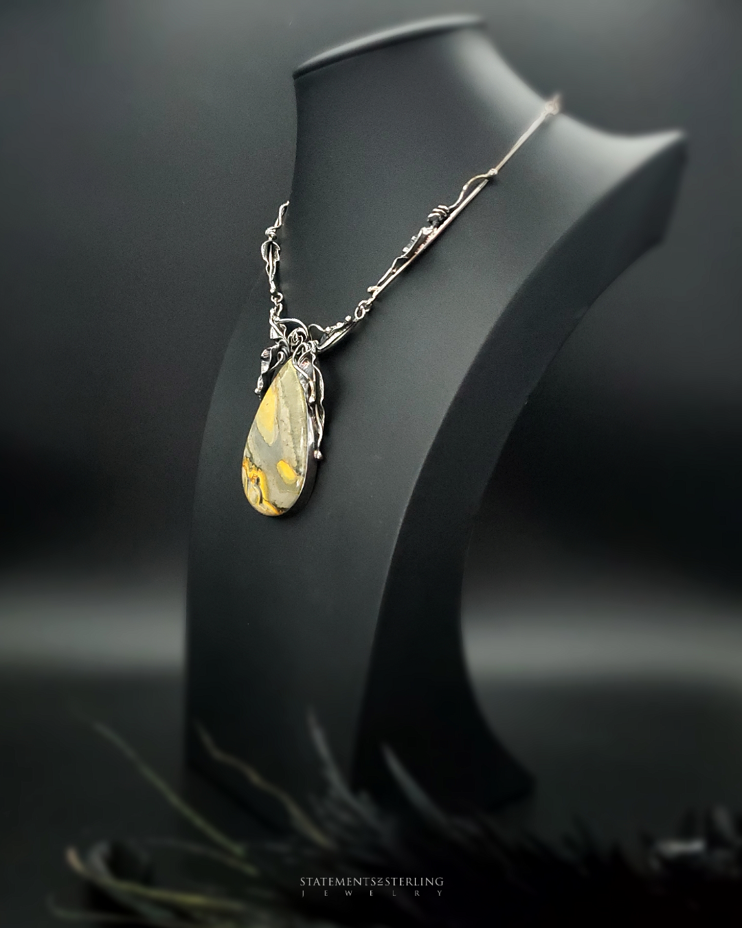 Bumblebee Jasper and Sterling Silver Leaves Necklace