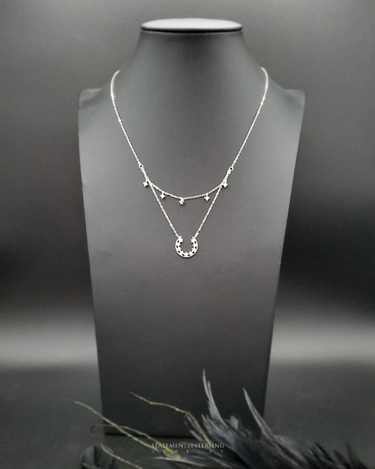 Sterling Silver Horseshoe Cubic Zirconia Layered Necklace