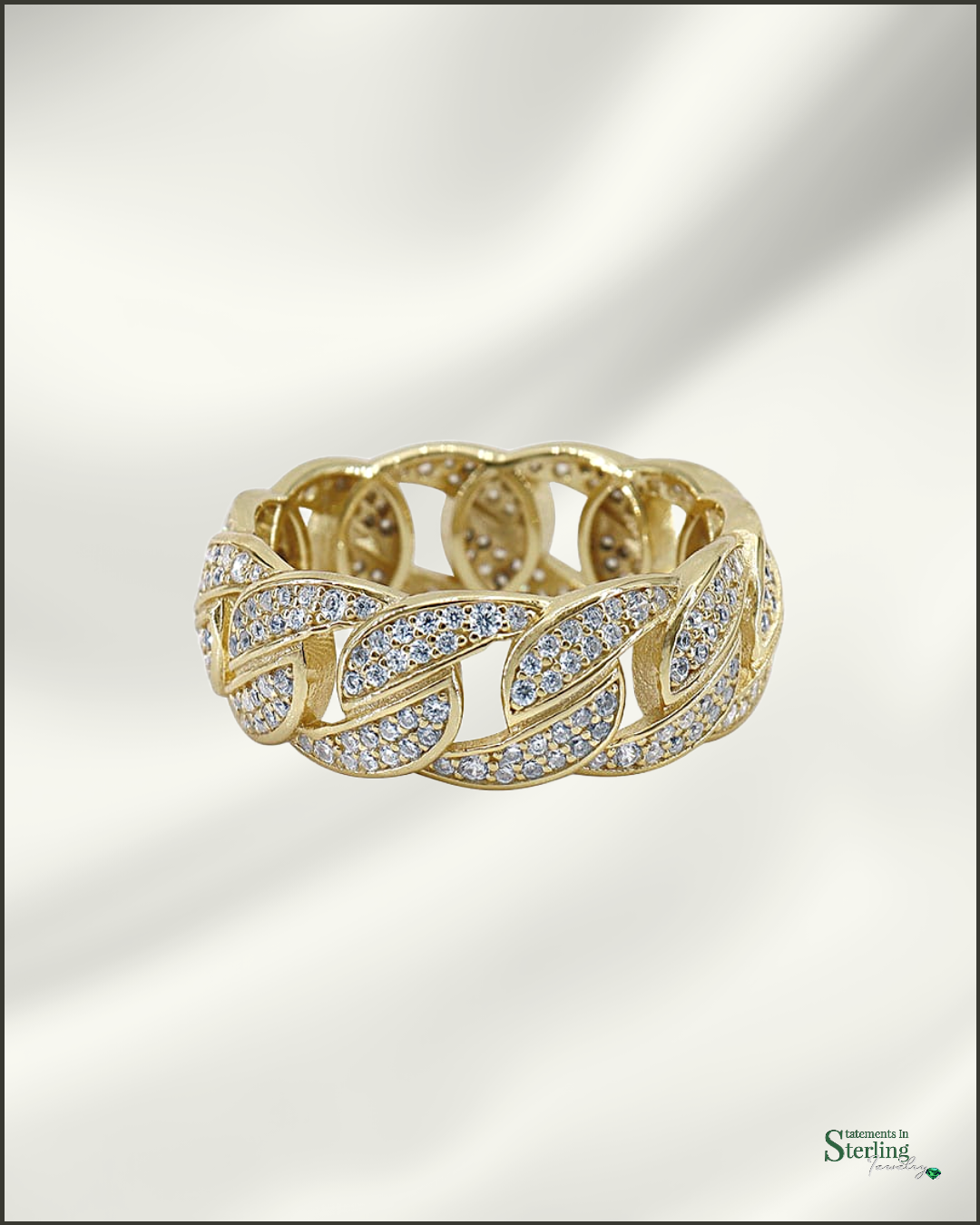 Sterling Silver Men's Curb Link Ring with Cubic Zirconia in Gold