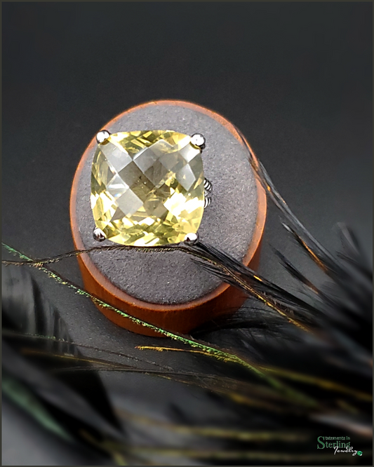 Vintage Cushion Cut Lemon Quartz and Sterling Silver Cocktail Ring .