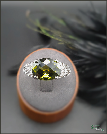 Olive Green Peridot, White Topaz and Sterling Silver Elegance Ring