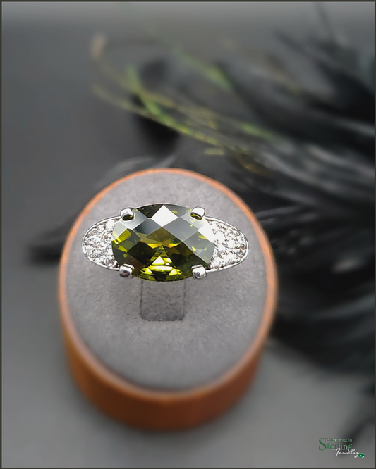 Olive Green Peridot, White Topaz and Sterling Silver Elegance Ring