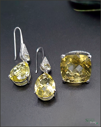 Vintage Cushion Cut Lemon Quartz and Sterling Silver Cocktail Ring .