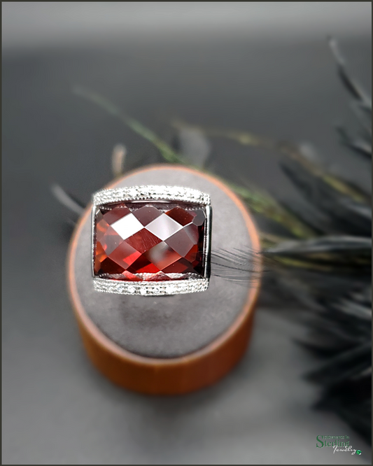 Red Quartz, White Topaz and Sterling Silver Art Deco Ring