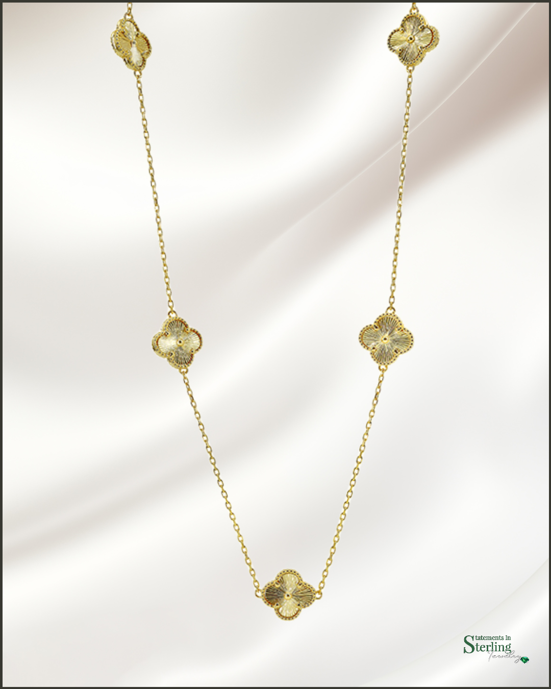 Sterling Silver Clover Station Necklace in Gold