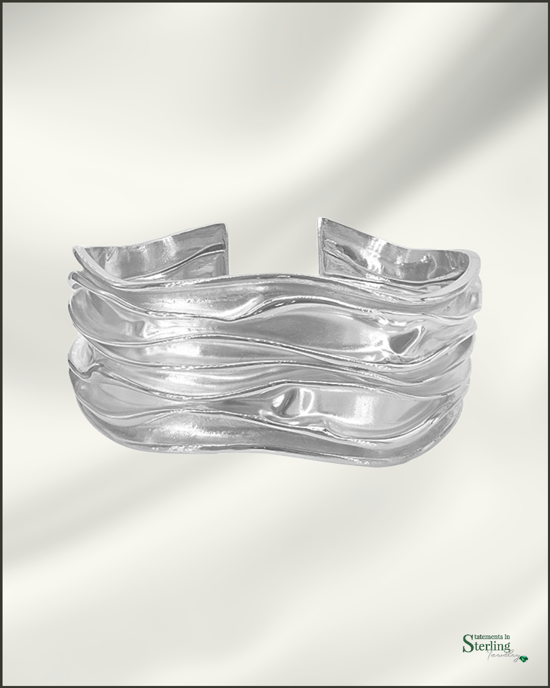 Sterling Silver Crinkle Cuff Wave Bracelet in Polished