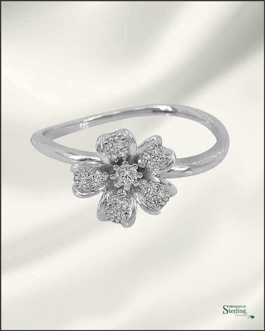Sterling Silver Petite Flower Ring with Cubic Zirconia