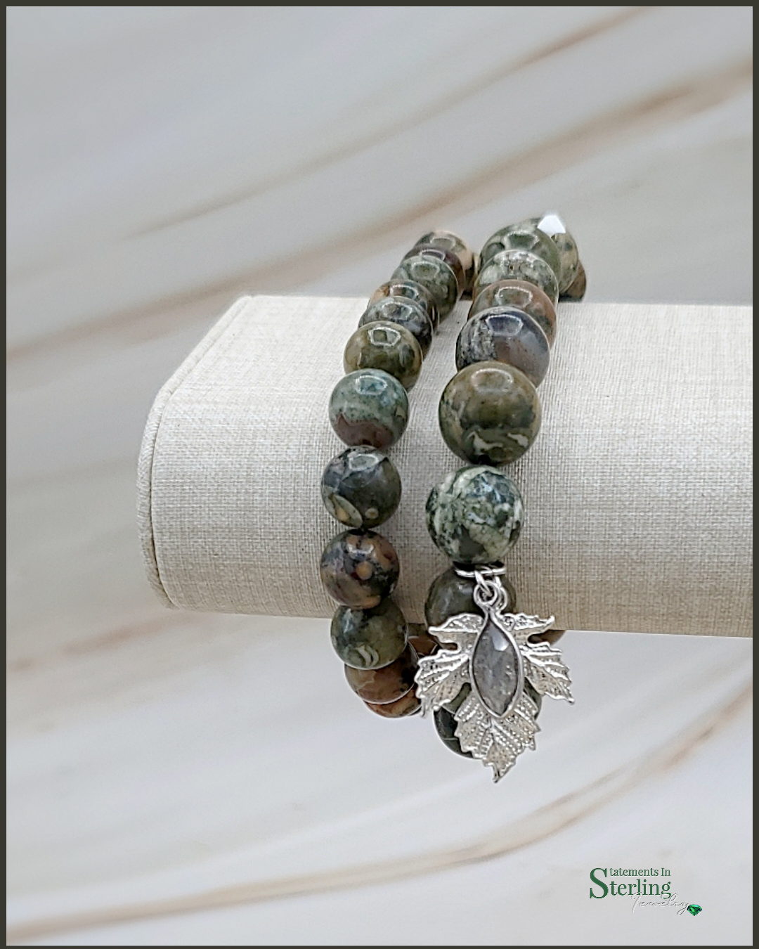 Rainforest Jasper and Sterling Silver Beaded Leaf Bracelet Set