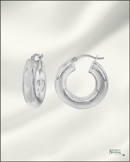 Sterling Silver Puffy Euro Hoop Earrings in Rhodium