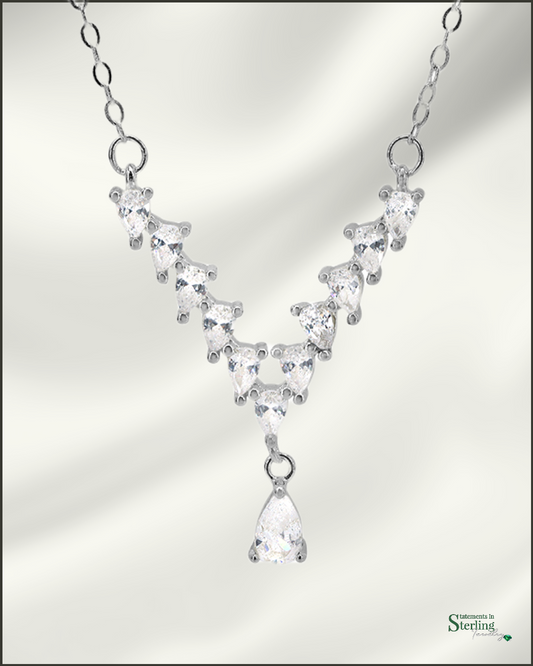 Sterling Silver Art Deco Drop Necklace with Cubic Zirconia in Rhodium