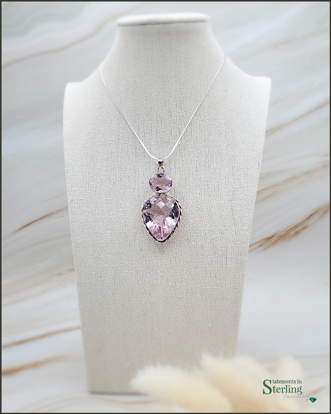 Norwegian Pink Fiord Quartz and Sterling Silver Two Stone Pendant