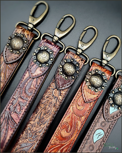 Tooled Leather Keychain/Purse Charm in Chocolate Floral