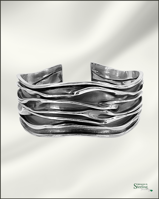 Sterling Silver Crinkle Cuff Wave Bracelet in Oxidized