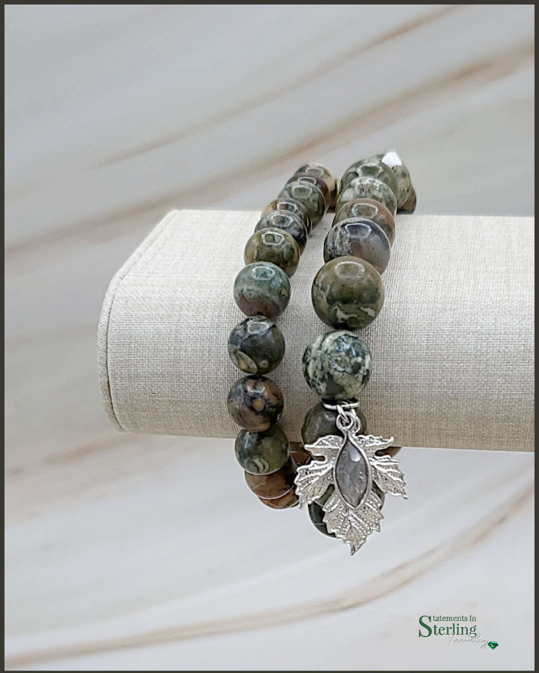 Gemstone and Sterling Silver Beaded Leaf Bracelet Set in Rainforest Jasper