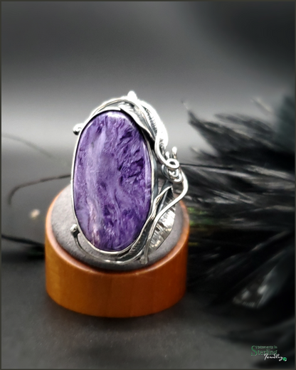 Siberian Charoite and Sterling Silver Leaves Adjustable Ring