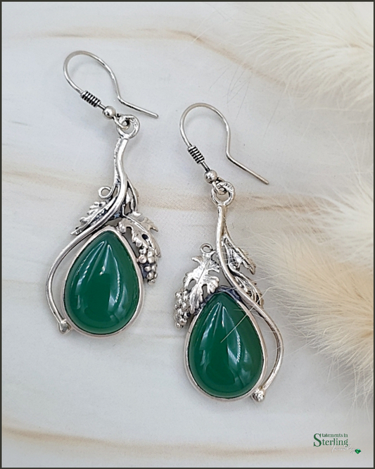 Green Agate and Sterling Silver Leaves Earrings
